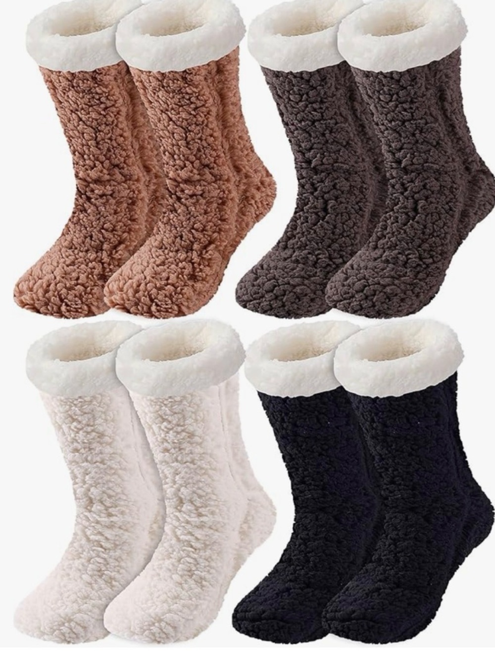 Cozy Sherpa Lined Fuzzy Socks - 4 Pack (Brown, Dark Gray, Ivory, Black) NWOT